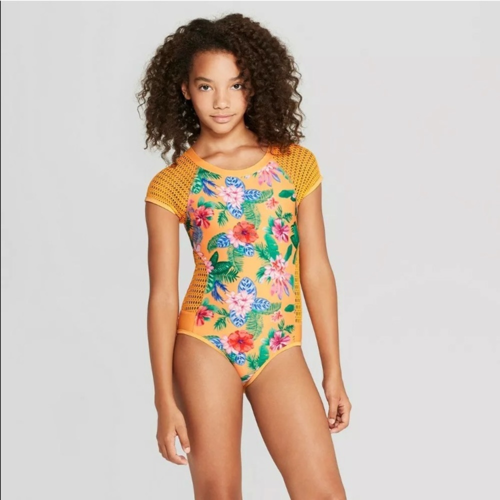 Girls Yellow Floral Zipper Back Swim Suit M+ NWT